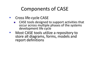 Components of CASE
• Cross life-cycle CASE
 CASE tools designed to support activities that
occur across multiple phases of the systems
development life cycle
• Most CASE tools utilize a repository to
store all diagrams, forms, models and
report definitions
 