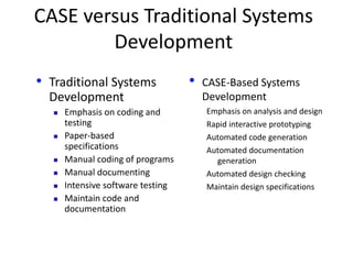 CASE versus Traditional Systems
Development
• Traditional Systems
Development
 Emphasis on coding and
testing
 Paper-based
specifications
 Manual coding of programs
 Manual documenting
 Intensive software testing
 Maintain code and
documentation
• CASE-Based Systems
Development
Emphasis on analysis and design
Rapid interactive prototyping
Automated code generation
Automated documentation
generation
Automated design checking
Maintain design specifications
 