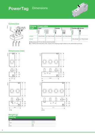 8
Dimensions (mm)
DB407922
42.2 42.7
17.7
16 16.5
10.44.6
DB407923
53.4
16
42.2 42.7
16.5
10.44.6
18
1P 3P
DB407924
42.2 42.7
35.4
16 16.5
10.44.6
18
DB407925
42.2 42.7
71.1
16 16.5
10.44.6
18
1P+N 3P+N
Weight (g)
PowerTag
Type
1P 16.4
1P+N 17.5
3P 28
3P+N 35
Connection
DB407926
Stripping
length
Copper cables
Rigid Flexible Flexible with ferrule
18 mm(*)
1.5 to 16 mm2
2 x 1.5 to 2.5 mm2
1.5 to 16 mm2
2 x 1.5 to 2.5 mm2
- -
18 mm - - - - 1.5 to 16 mm2
2 x 1.5 to 2.5 mm2
bb Mounting with 18 mm ferrule recommended.
bb (*) Without ferrule/cable ends, respect the stripping length stated on the associated products.
PowerTag Dimensions
DB122945
DB112804
DB123553
DB112805
DB123554
DB123008
 