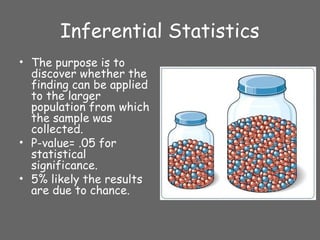 Inferential Statistics
• The purpose is to
discover whether the
finding can be applied
to the larger
population from which
the sample was
collected.
• P-value= .05 for
statistical
significance.
• 5% likely the results
are due to chance.
 
