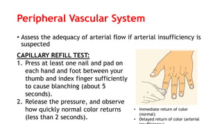 Peripheral Vascular System
• Assess the adequacy of arterial flow if arterial insufficiency is
suspected
• Immediate return of color
(normal)
• Delayed return of color (arterial
CAPILLARY REFILL TEST:
1. Press at least one nail and pad on
each hand and foot between your
thumb and index finger sufficiently
to cause blanching (about 5
seconds).
2. Release the pressure, and observe
how quickly normal color returns
(less than 2 seconds).
 