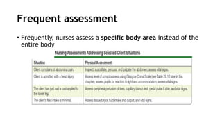 Frequent assessment
• Frequently, nurses assess a specific body area instead of the
entire body
 