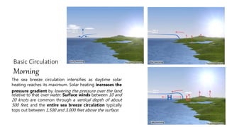 Basic Circulation
Morning
The sea breeze circulation intensifies as daytime solar
heating reaches its maximum. Solar heating increases the
pressure gradient by lowering the pressure over the land
relative to that over water. Surface winds between 10 and
20 knots are common through a vertical depth of about
500 feet, and the entire sea breeze circulation typically
tops out between 1,500 and 3,000 feet above the surface.
 