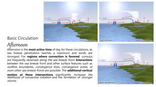 Basic Circulation
Afternoon
Afternoon is the most active time of day for these circulations, as
sea breeze penetration reaches a maximum and winds are
strongest. For regions where convection is favored, cumulus
are frequently observed along the sea breeze front. Interactions
between the sea breeze front and other surface features such as
outflow boundaries, convergence lines, convergence zones, or
even other sea breeze fronts are possible. The additional vertical
motion at these intersections significantly increases the
likelihood of convective initiation and the formation of stronger
storms.
 