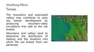 The mountains and associated
valleys may contribute to early
sea breeze development by
producing mountain-valley
circulations that add to the sea
breeze.
Mountains and valleys tend to
determine the distribution of
heating and the locations into
which the sea breeze front can
penetrate.
Modifying Effects
Terrain
 