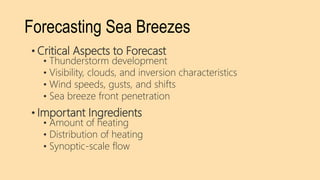 Forecasting Sea Breezes
• Critical Aspects to Forecast
• Thunderstorm development
• Visibility, clouds, and inversion characteristics
• Wind speeds, gusts, and shifts
• Sea breeze front penetration
• Important Ingredients
• Amount of heating
• Distribution of heating
• Synoptic-scale flow
 