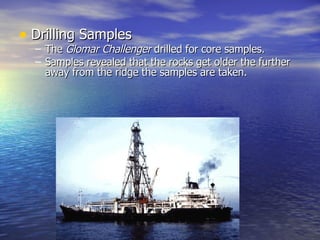 Drilling Samples The  Glomar Challenger  drilled for core samples. Samples revealed that the rocks get older the further away from the ridge the samples are taken. 