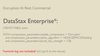 Encryption At Rest: Commercial
DataStax Enterprise*:
CREATETABLE users
...
WITH compression_parameters:sstable_compression...