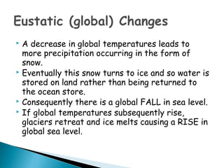  A decrease in global temperatures leads to
more precipitation occurring in the form of
snow.
 Eventually this snow turns to ice and so water is
stored on land rather than being returned to
the ocean store.
 Consequently there is a global FALL in sea level.
 If global temperatures subsequently rise,
glaciers retreat and ice melts causing a RISE in
global sea level.
 