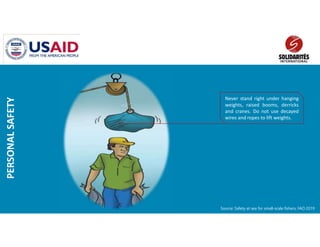Never stand right under hanging
weights, raised booms, derricks
and cranes. Do not use decayed
wires and ropes to lift weights.
PERSONAL
SAFETY
Source: Safety at sea for small-scale fishers, FAO 2019
 