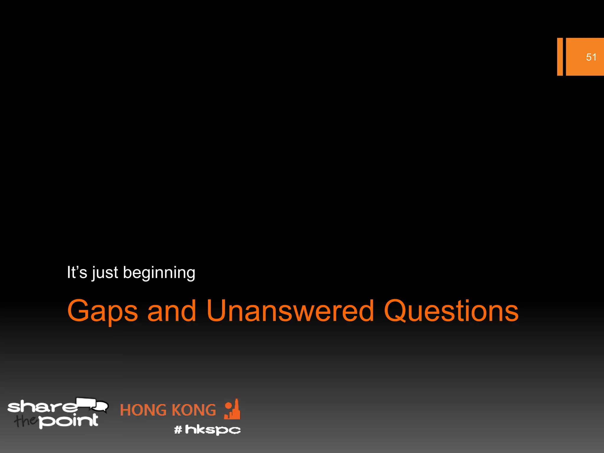 51




It’s just beginning

Gaps and Unanswered Questions
 