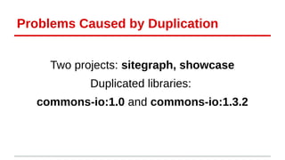 Problems Caused by Duplication 
Two projects: sitegraph, showcase 
Duplicated libraries: 
commons-io:1.0 and commons-io:1.3.2 
 