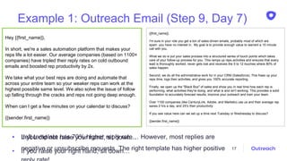 Example 1: Outreach Email (Step 9, Day 7)
17
Hey {{first_name}},
In short, we're a sales automation platform that makes your
reps life a lot easier. Our average companies (based on 1100+
companies) have tripled their reply rates on cold outbound
emails and boosted rep productivity by 2x.
We take what your best reps are doing and automate that
across your entire team so your weaker reps can work at the
highest possible same level. We also solve the issue of follow
up falling through the cracks and reps not going deep enough.
When can I get a few minutes on your calendar to discuss?
{{sender.first_name}}
{{first_name}},
I'm sure in your role you get a ton of sales-driven emails, probably most of which are
spam you have no interest in. My goal is to provide enough value to warrant a 15 minute
call with you.
What we do is put your sales process into a structured series of touch points which takes
care of your follow-up process for you. This ramps up reps activities and ensures that every
lead is thoroughly worked, never gets lost and receives the 5 to 12 touches where 80% of
sales happen.
Second, we do all the administrative work for in your CRM (Salesforce). This frees up your
reps time, logs their activities, and gives you 100% accurate reporting.
Finally, we open up the "Black Box" of sales and show you in real time how each rep is
performing, what activities they're doing, and what is and isn't working. This provides a solid
foundation to accurately forecast results, improve your outreach and train your team.
Over 1100 companies (like CenturyLink, Adobe, and Marketo) use us and their average rep
saves 2 hrs a day, and 2X's their productivity.
If you see value here can we set up a time next Tuesday or Wednesday to discuss?
{{sender.first_name}}
• Left template has 70% higher reply rate… However, most replies are
negative or unsubscribe requests. The right template has higher positive
• If you did not raise your hand, sit down…
• If you raise your right hand, sit down…
 