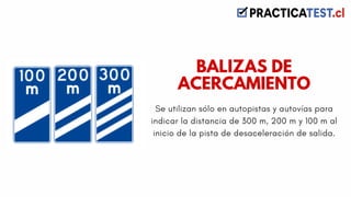 Se utilizan sólo en autopistas y autovías para
indicar la distancia de 300 m, 200 m y 100 m al
inicio de la pista de desaceleración de salida.
BALIZAS DE
ACERCAMIENTO
 
