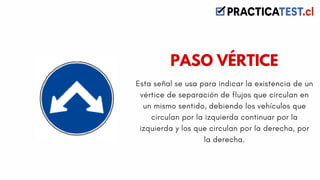 Esta señal se usa para indicar la existencia de un
vértice de separación de flujos que circulan en
un mismo sentido, debiendo los vehículos que
circulan por la izquierda continuar por la
izquierda y los que circulan por la derecha, por
la derecha.
PASO VÉRTICE
 