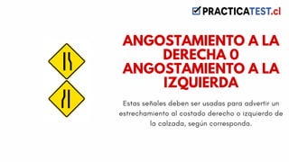Estas señales deben ser usadas para advertir un
estrechamiento al costado derecho o izquierdo de
la calzada, según corresponda.
ANGOSTAMIENTO A LA
DERECHA 0
ANGOSTAMIENTO A LA
IZQUIERDA
 