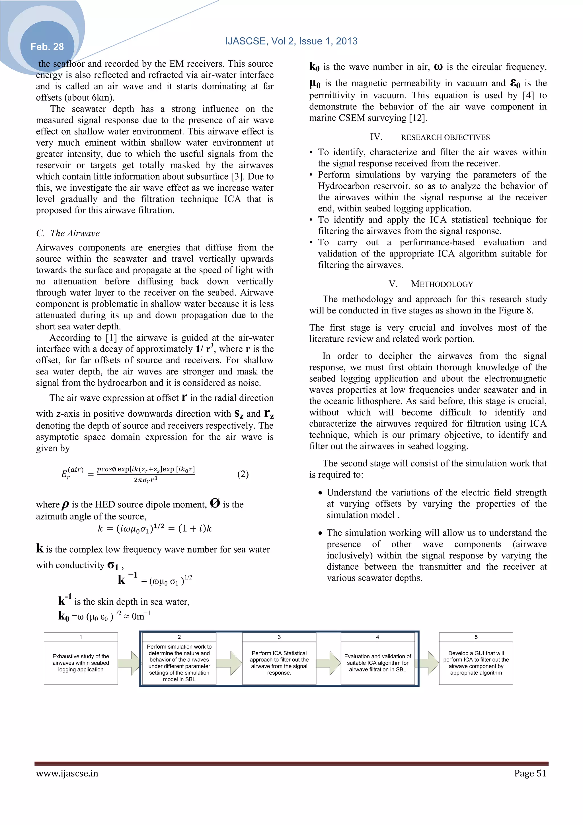 IJASCSE, Vol 2, Issue 1, 2013
Feb. 28
  the seafloor and recorded by the EM receivers. This source                                      k0 is the wave number in air, ω is the circular frequency,
 energy is also reflected and refracted via air-water interface
 and is called an air wave and it starts dominating at far                                        μ0 is the magnetic permeability in vacuum and ε0 is the
 offsets (about 6km).                                                                             permittivity in vacuum. This equation is used by [4] to
     The seawater depth has a strong influence on the                                             demonstrate the behavior of the air wave component in
 measured signal response due to the presence of air wave                                         marine CSEM surveying [12].
 effect on shallow water environment. This airwave effect is
                                                                                                                     IV.          RESEARCH OBJECTIVES
 very much eminent within shallow water environment at
 greater intensity, due to which the useful signals from the                                      • To identify, characterize and filter the air waves within
 reservoir or targets get totally masked by the airwaves                                            the signal response received from the receiver.
 which contain little information about subsurface [3]. Due to                                    • Perform simulations by varying the parameters of the
 this, we investigate the air wave effect as we increase water                                      Hydrocarbon reservoir, so as to analyze the behavior of
 level gradually and the filtration technique ICA that is                                           the airwaves within the signal response at the receiver
 proposed for this airwave filtration.                                                              end, within seabed logging application.
                                                                                                  • To identify and apply the ICA statistical technique for
 C. The Airwave                                                                                     filtering the airwaves from the signal response.
                                                                                                  • To carry out a performance-based evaluation and
 Airwaves components are energies that diffuse from the
                                                                                                    validation of the appropriate ICA algorithm suitable for
 source within the seawater and travel vertically upwards
                                                                                                    filtering the airwaves.
 towards the surface and propagate at the speed of light with
 no attenuation before diffusing back down vertically                                                                        V.       METHODOLOGY
 through water layer to the receiver on the seabed. Airwave
 component is problematic in shallow water because it is less                                        The methodology and approach for this research study
 attenuated during its up and down propagation due to the                                         will be conducted in five stages as shown in the Figure 8.
 short sea water depth.                                                                           The first stage is very crucial and involves most of the
     According to [1] the airwave is guided at the air-water                                      literature review and related work portion.
 interface with a decay of approximately 1/ r3, where r is the
 offset, for far offsets of source and receivers. For shallow                                         In order to decipher the airwaves from the signal
 sea water depth, the air waves are stronger and mask the                                         response, we must first obtain thorough knowledge of the
 signal from the hydrocarbon and it is considered as noise.                                       seabed logging application and about the electromagnetic
                                                                                                  waves properties at low frequencies under seawater and in
    The air wave expression at offset r in the radial direction                                   the oceanic lithosphere. As said before, this stage is crucial,
 with z-axis in positive downwards direction with sz and rz                                       without which will become difficult to identify and
 denoting the depth of source and receivers respectively. The                                     characterize the airwaves required for filtration using ICA
 asymptotic space domain expression for the air wave is                                           technique, which is our primary objective, to identify and
 given by                                                                                         filter out the airwaves in seabed logging.
                                                                                                      The second stage will consist of the simulation work that
                                                               (2)                                is required to:
                                                                                                     Understand the variations of the electric field strength
 where ρ is the HED source dipole moment, Ø is the                                                    at varying offsets by varying the properties of the
 azimuth angle of the source,                                                                         simulation model .
                                                                                                     The simulation working will allow us to understand the
                                                                                                      presence of other wave components (airwave
 k is the complex low frequency wave number for sea water                                             inclusively) within the signal response by varying the
 with conductivity σ1 ,                                                                               distance between the transmitter and the receiver at
                     k −1 = (ωμ0 σ1 )1/2                                                              various seawater depths.

       k-1 is the skin depth in sea water,
       k0 =ω (μ0 ε0 )1/2 ≈ 0m−1
               1                           2                                     3                                      4                               5
                               Perform simulation work to
                               determine the nature and               Perform ICA Statistical                                                Develop a GUI that will
     Exhaustive study of the                                                                               Evaluation and validation of
                                behavior of the airwaves             approach to filter out the                                            perform ICA to filter out the
     airwaves within seabed                                                                                 suitable ICA algorithm for
                               under different parameter             airwave from the signal                                                 airwave component by
        logging application                                                                                  airwave filtration in SBL
                                settings of the simulation                  response.                                                         appropriate algorithm
                                      model in SBL



                               Figure 4: Methodological approach for ICA statistical approach to airwave filtration.




 www.ijascse.in                                                                                                                                                            Page 51
 