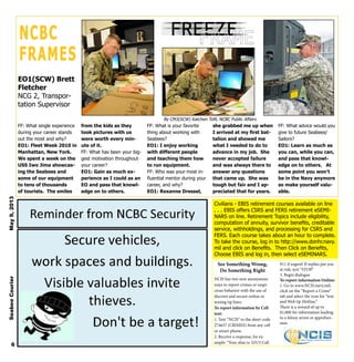 6
NCBC
FRAMES
EO1(SCW) Brett
Fletcher
NCG 2, Transpor-
tation Supervisor
By CM3(SCW) Katchen Tofil, NCBC Public Affairs
FF: What single experience
during your career stands
out the most and why?
EO1: Fleet Week 2010 in
Manhattan, New York.
We spent a week on the
USS Iwo Jima showcas-
ing the Seabees and
some of our equipment
to tens of thousands
of tourists. The smiles
from the kids as they
took pictures with us
were worth every min-
ute of it.
FF: What has been your big-
gest motivation throughout
your career?
EO1: Gain as much ex-
perience as I could as an
EO and pass that knowl-
edge on to others.
FF: What is your favorite
thing about working with
Seabees?
EO1: I enjoy working
with different people
and teaching them how
to run equipment.
FF: Who was your most in-
fluential mentor during your
career, and why?
EO1: Roxanne Dressel,
she grabbed me up when
I arrived at my first bat-
talion and showed me
what I needed to do to
advance in my job. She
never accepted failure
and was always there to
answer any questions
that came up. She was
tough but fair and I ap-
preciated that for years.
FF: What advice would you
give to future Seabees/
Sailors?
EO1: Learn as much as
you can, while you can,
and pass that knowl-
edge on to others. At
some point you won’t
be in the Navy anymore
so make yourself valu-
able.
See Something Wrong,
Do Something Right
NCIS has two new anonymous
ways to report crimes or suspi-
cious behavior with the use of
discreet and secure online or
texting tip lines.
To report information by Cell
text:
1. Text “NCIS” to the short code
274637 (CRIMES) from any cell
or smart phone.
2. Receive a response, for ex-
ample: “Your alias is: S2U5 Call
911 if urgent! If replies put you
at risk, text “STOP.”
3. Begin dialogue
To report information Online:
1. Go to www.NCIS.navy.mil,
click on the “Report a Crime”
tab and select the icon for “text
and Web tip Hotline.”
There is a reward of up to
$1,000 for information leading
to a felony arrest or apprehen-
sion.
Civilians - EBIS retirement courses available on line
. . . EBIS offers CSRS and FERS retirement eSEMI-
NARS on line. Retirement Topics include eligibility,
computation of annuity, survivor benefits, creditable
service, withholdings, and processing for CSRS and
FERS. Each course takes about an hour to complete.
To take the course, log in to http://www.donhr.navy.
mil and click on Benefits. Then Click on Benefits,
Choose EBIS and log in, then select eSEMINARS.
SeabeeCourierMay9,2013
 