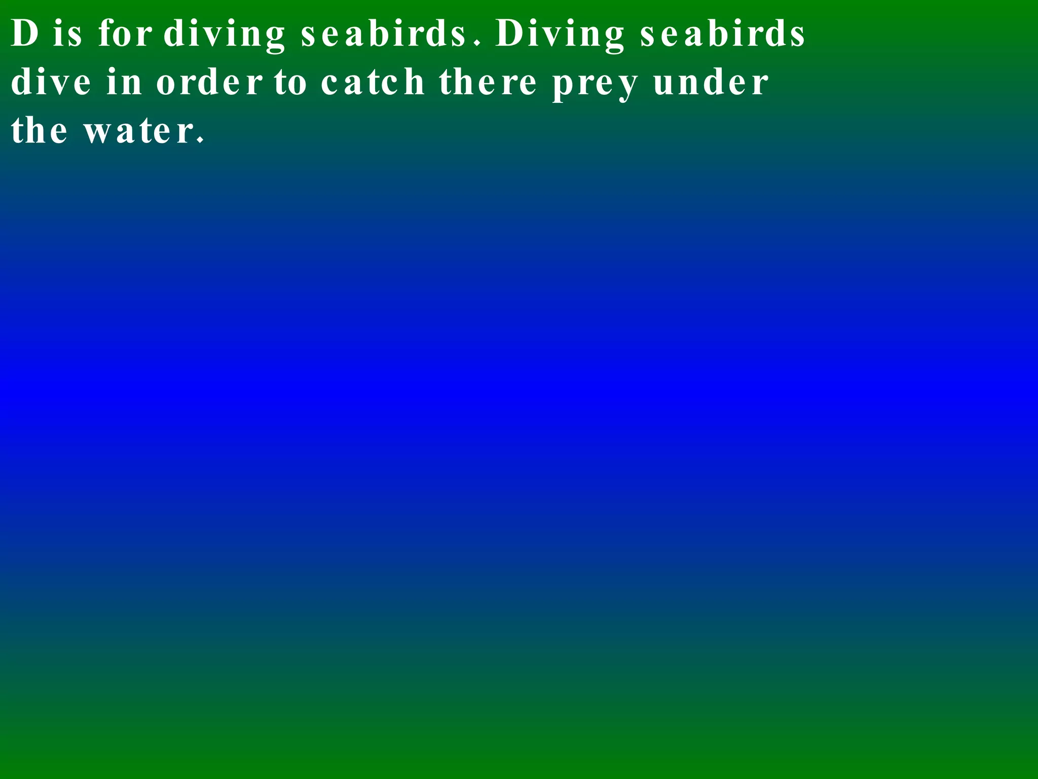 D is for diving seabirds. Diving seabirds dive in order to catch there prey under the water. 