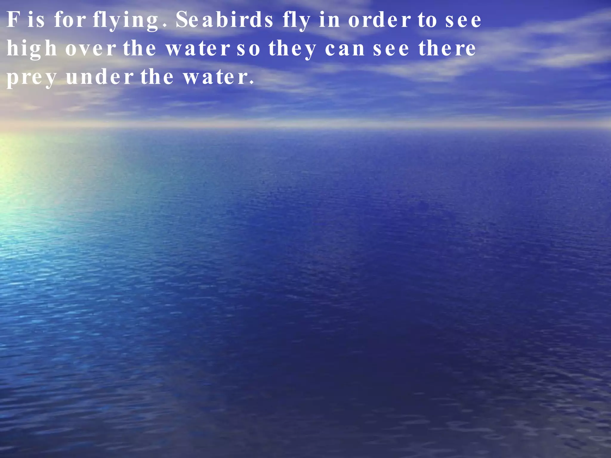 F is for flying. Seabirds fly in order to see high over the water so they can see there prey under the water. 