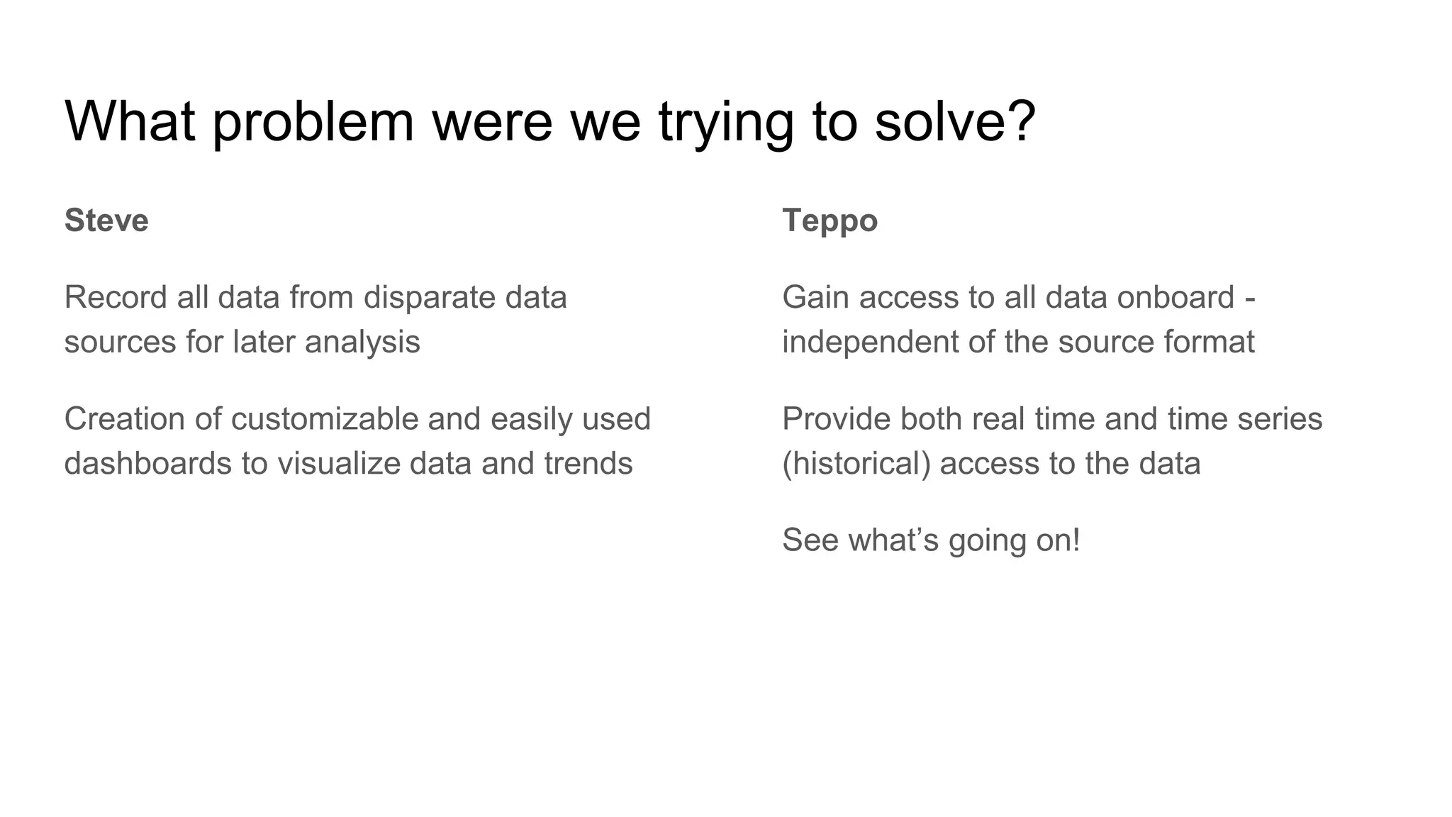 What problem were we trying to solve?
Steve
Record all data from disparate data
sources for later analysis
Creation of customizable and easily used
dashboards to visualize data and trends
Teppo
Gain access to all data onboard -
independent of the source format
Provide both real time and time series
(historical) access to the data
See what’s going on!
 