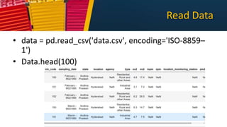 Read Data
• data = pd.read_csv('data.csv', encoding='ISO-8859–
1')
• Data.head(100)
 