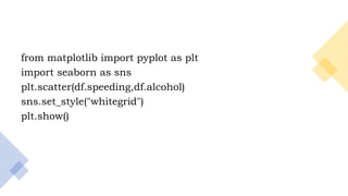 11
from matplotlib import pyplot as plt
import seaborn as sns
plt.scatter(df.speeding,df.alcohol)
sns.set_style("whitegrid")
plt.show()
 
