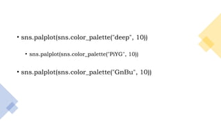 16
• sns.palplot(sns.color_palette("deep", 10))
• sns.palplot(sns.color_palette("PiYG", 10))
• sns.palplot(sns.color_palette("GnBu", 10))
 