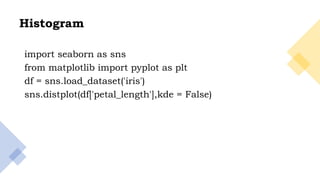 20
Histogram
import seaborn as sns
from matplotlib import pyplot as plt
df = sns.load_dataset('iris')
sns.distplot(df['petal_length'],kde = False)
 