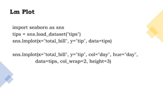28
Lm Plot
import seaborn as sns
tips = sns.load_dataset("tips")
sns.lmplot(x="total_bill", y="tip", data=tips)
sns.lmplot(x="total_bill", y="tip", col="day", hue="day",
data=tips, col_wrap=2, height=3)
 