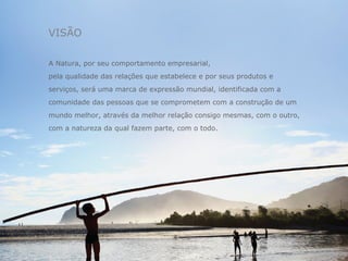 VISÃO

A Natura, por seu comportamento empresarial,
pela qualidade das relações que estabelece e por seus produtos e
serviços, será uma marca de expressão mundial, identificada com a
comunidade das pessoas que se comprometem com a construção de um
mundo melhor, através da melhor relação consigo mesmas, com o outro,
com a natureza da qual fazem parte, com o todo.
 