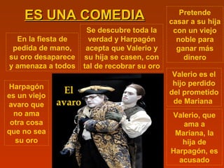 Pretende
casar a su hija
con un viejo
noble para
ganar más
dinero
ES UNA COMEDIAES UNA COMEDIA
Harpagón
es un viejo
avaro que
no ama
otra cosa
que no sea
su oro
Valerio es el
hijo perdido
del prometido
de Mariana
En la fiesta de
pedida de mano,
su oro desaparece
y amenaza a todos
Se descubre toda la
verdad y Harpagón
acepta que Valerio y
su hija se casen, con
tal de recobrar su oro
Valerio, que
ama a
Mariana, la
hija de
Harpagón, es
acusado
El
avaro
 