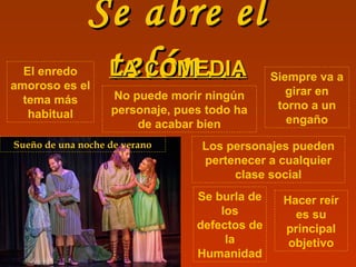 Se abre elSe abre el
telón…telón… Siempre va a
girar en
torno a un
engaño
LA COMEDIALA COMEDIAEl enredo
amoroso es el
tema más
habitual
Se burla de
los
defectos de
la
Humanidad
Los personajes pueden
pertenecer a cualquier
clase social
No puede morir ningún
personaje, pues todo ha
de acabar bien
Hacer reír
es su
principal
objetivo
Sueño de una noche de verano
 