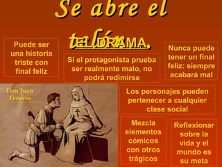 Se abre elSe abre el
telón…telón… Nunca puede
tener un final
feliz: siempre
acabará mal
EL DRAMAEL DRAMAPuede ser
una historia
triste con
final feliz
Mezcla
elementos
cómicos
con otros
trágicos
Los personajes pueden
pertenecer a cualquier
clase social
Si el protagonista prueba
ser realmente malo, no
podrá redimirse
Reflexionar
sobre la
vida y el
mundo es
su meta
Don Juan
Tenorio
 