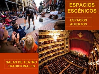 ESPACIOS
ESCÉNICOS
SALAS DE TEATRO
TRADICIONALES
ESPACIOS
ABIERTOS
 