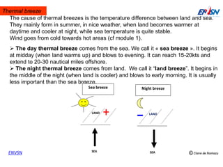 Thermal breeze
ENVSN
The cause of thermal breezes is the temperature difference between land and sea.
They mainly form in summer, in nice weather, when land becomes warmer at
daytime and cooler at night, while sea temperature is quite stable.
Wind goes from cold towards hot areas (cf module 1).
 The day thermal breeze comes from the sea. We call it « sea breeze ». It begins
at midday (when land warms up) and blows to evening. It can reach 15-20kts and
extend to 20-30 nautical miles offshore.
 The night thermal breeze comes from land. We call it “land breeze”. It begins in
the middle of the night (when land is cooler) and blows to early morning. It is usually
less important than the sea breeze.
LAND
SEA
Sea breeze
LAND
SEA
Night breeze
 