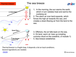 Thermal breeze
ENVSN
The sea breeze
1. In the morning, the sun warms the earth,
which in turn radiates heat and warms the
overlying air.
2. The warm air over land expands, which
forces the high air towards the sea, and
creates a down-flowing air from the land to the
sea.
SEA LAND
1.Airexpansion
2. Down flow
3. Offshore, the air falls back on the sea.
4. On land, warm air rises up (creating
cumulus cloud on the coastline, cf module 1)
5. Sea breeze establishes
SEA LAND
Down flow
Sea breeze
3
4
5
Thermal breeze is a fragile loop. It depends a lot on local conditions.
Several ingredients are needed.
 