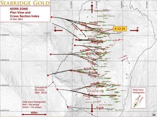 N

KERR ZONE
Plan View and
Cross Section Index
31 Oct. 2013

A

K-13-34

A’

K-13-31

K-13-24

Conceptual
Pit Limits
(Mar. 2012)

Hole trace
histograms

Hole trace histograms:
Red = Au assays
Green = Cu assays

400m

SEABRIDGE GOLD

S

24

 