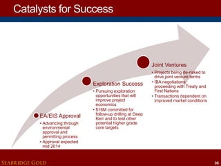 Catalysts for Success

Joint Ventures
Exploration Success

EA/EIS Approval
• Advancing through
environmental
approval and
permitting process
• Approval expected
mid 2014

SEABRIDGE GOLD

• Pursuing exploration
opportunities that will
improve project
economics
• $16M committed for
follow-up drilling at Deep
Kerr and to test other
potential higher grade
core targets

• Projects being de-risked to
drive joint venture terms
• IBA negotiations
proceeding with Treaty and
First Nations
• Transactions dependent on
improved market conditions

36

 