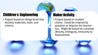 Children’s Engineering
• Project based on design brief that
dictates materials, tools, and
criteria.
Maker Activity
• Project based on student
choice. Could be inspired by
question or impulse the learner
has. Might be based on a prompt
(Brevity, Ambiguity, Immunity to
Assessment).
 