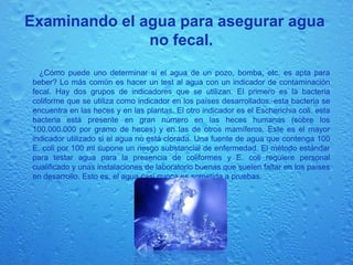 El efecto del agua potable en la diarrea de los niños	Cual sería el efecto de que toda el agua se potabilizara mediante pasteurización o ebullición? Una estimación en las Filipinas predice que si todas las familias que beben de fuentes medianamente contaminadas (100 E. coli por 100 ml) Pudieran utilizar agua potable, la diarrea de sus hijos se reduciría en un 30% Esto es, si el agua que dio positivo a la prueba del MUG hubiera sido pasteurizada solamente para que estuviera limpia, esto ayudaría a reducir la diarrea, especialmente en los niños.
