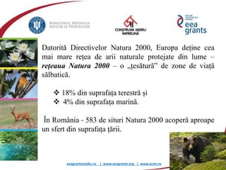 eeagrantsmediu.ro | www.eeagrants.org | www.acmi.ro
Datorită Directivelor Natura 2000, Europa deține cea
mai mare rețea de arii naturale protejate din lume –
rețeaua Natura 2000 – o „țesătură” de zone de viață
sălbatică.
 18% din suprafața terestră și
 4% din suprafața marină.
În România - 583 de situri Natura 2000 acoperă aproape
un sfert din suprafața țării.
 
