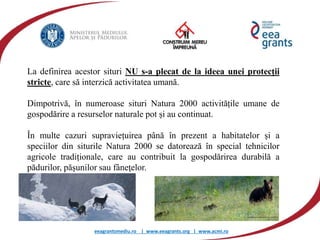 eeagrantsmediu.ro | www.eeagrants.org | www.acmi.ro
La definirea acestor situri NU s-a plecat de la ideea unei protecții
stricte, care să interzică activitatea umană.
Dimpotrivă, în numeroase situri Natura 2000 activitățile umane de
gospodărire a resurselor naturale pot și au continuat.
În multe cazuri supraviețuirea până în prezent a habitatelor și a
speciilor din siturile Natura 2000 se datorează în special tehnicilor
agricole tradiționale, care au contribuit la gospodărirea durabilă a
pădurilor, pășunilor sau fâneţelor.
 