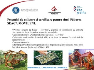 eeagrantsmediu.ro | www.eeagrants.org | www.acmi.ro
Potenţial de utilizare şi certificare pentru situl Pădurea
SEACA MOVILENI:
•“Produse apicole de Seaca – Movileni”, eventual în combinație cu extracte
concentrate de fructe de pădure (exemplu: porumbele)
•Ceaiuri medicinale: „Plante medicinale de Seaca – Movileni”
•Prelucrarea tradițională a lemnului: obiecte de lemn cu valoare decorativă de la
Seaca Movileni
•Programe educative
Referinţe pentru identificarea producătorilor de produse apicole din zonă poate oferi
Ing. silvic Vezeteu Ştefan: tel: 0730 652 401
 