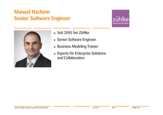 Manuel Hachem
Senior Software Engineer

                                                                •   Seit 2005 bei Zühlke
                                                                •   Senior Software Engineer
                                                                •   Business Modeling Trainer
                                                                •   Experte für Enterprise Solutions
                                                                    and Collaboration




Lernen ist wichtiger als Wissen | Jörg Dirbach, Manuel Hachem                              4. Juni 2012   Folie 3   © Zühlke 2012
 