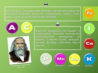 Merevetikad, absorbeerides meredes olevaid mineraale, on
rikastatud kaaliumi, kaltsiumi, magneesiumi, fosfori, man-
gaani, joodi ja teiste kasulikute ainetega.
Морские водоросли поглощают и
накапливают большое количество
разнообразных минералов из
океана, а именно калий, кальций,
магний, фосфор, марганец, йод и
другие.
 