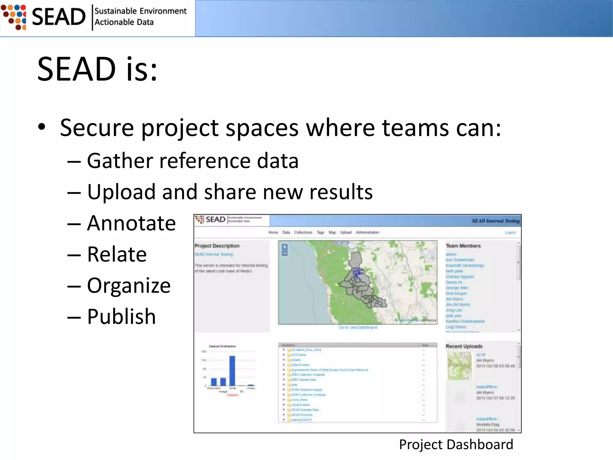 SEAD is:
• Secure project spaces where teams can:
– Gather reference data
– Upload and share new results
– Annotate
– Relate
– Organize
– Publish

Project Dashboard

 