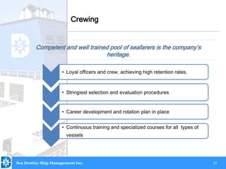 12
Competent and well trained pool of seafarers is the company’s
heritage.
Crewing
• Loyal officers and crew, achieving high retention rates.
• Stringiest selection and evaluation procedures
• Career development and rotation plan in place
• Continuous training and specialized courses for all types of
vessels
Sea Destiny Ship Management Inc.
 