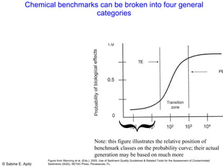 Chemical benchmarks can be broken into four general categories } Note: this figure illustrates the relative position of benchmark classes on the probability curve; their actual generation may be based on much more Figure from Wenning et al. (Eds.), 2005. Use of Sediment Quality Guidelines & Related Tools for the Assessment of Contaminated Sediments (SQG). SETAC Press, Penasacola, FL. 