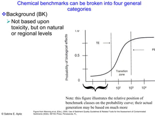 Chemical benchmarks can be broken into four general categories Background (BK) Not based upon toxicity, but on natural or regional levels } Note: this figure illustrates the relative position of benchmark classes on the probability curve; their actual generation may be based on much more Figure from Wenning et al. (Eds.), 2005. Use of Sediment Quality Guidelines & Related Tools for the Assessment of Contaminated Sediments (SQG). SETAC Press, Penasacola, FL. 